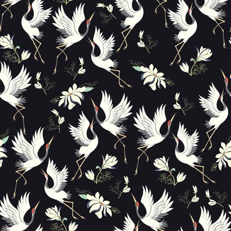 crane, pattern, vector illustration flying bird flowerのイラスト素材