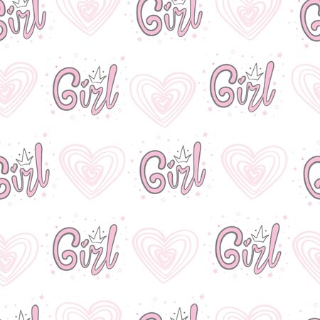 Children's seamless pattern with hearts, girl text , stars. Printing design for children 's clothing. Typographic design.のイラスト素材