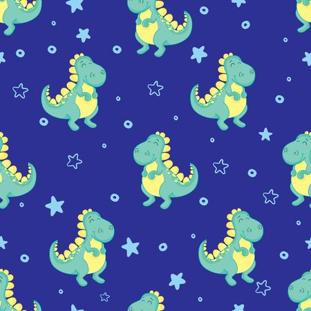 Cute dinosaur with crowns seamless pattern on white background. Vector dino background for kids. Child drawing style cartoon illustration. Design for fabric, textile, decor.のイラスト素材