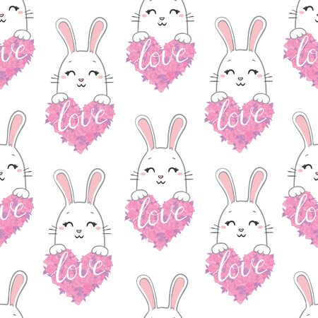 Rabbit holds a huge heart. Pattern.Pink background.For prints, book illustrations, packaging material, textiles.Vector illustration.のイラスト素材