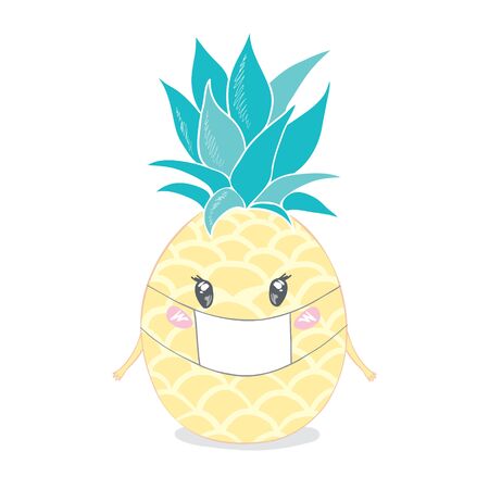 Pineapple wearing a health mask, exotic, background, food, fruit, illustration nature pineapple summer tropical vector drawing freshのイラスト素材