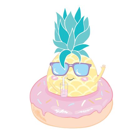 Funny vector background with pineapple in glasses, speech bubble and hand written text "Hello summer". Hand drawing summer card.のイラスト素材