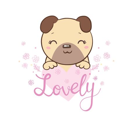 Cute puppy pug on a white background wants to play, vector cardのイラスト素材