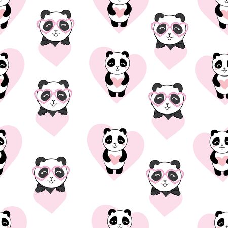 Seamless pattern with cute hand drawn panda' heads. Animal tiling background.のイラスト素材