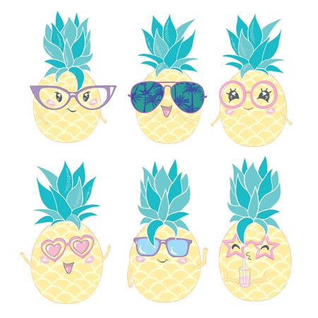 Group of five pineapples wearing different styles of sunglassesのイラスト素材