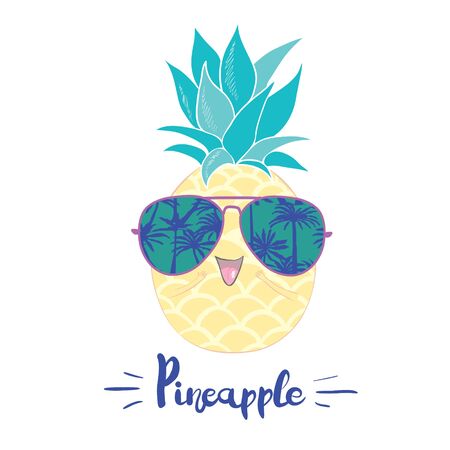 Cute vector pineapple illustration. Cartoon funny graphic food. Typography quoteのイラスト素材