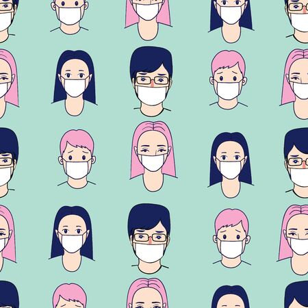 Novel coronavirus (2019-nCoV), people in white medical face mask. Concept of coronavirus quarantine vector illustration pattern.のイラスト素材