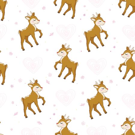 Cute deer with hearts vector seamless pattern. Children's themed Wallpapersのイラスト素材