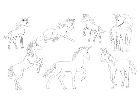 Cute vector magic unicorns, stars, comets, diamonds. Hand drawn monochrome set.のイラスト素材
