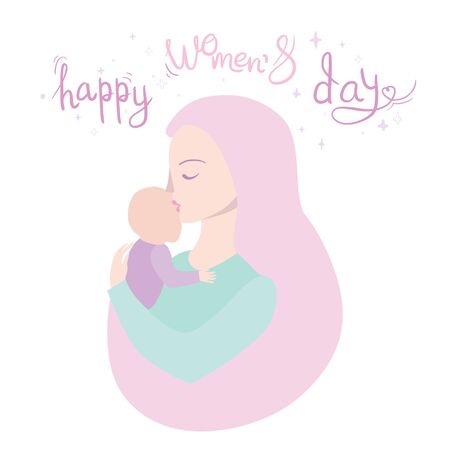 Mother holding her cute baby child vector flat illustration with flower botanical leaf ornament background for happy mother's day poster concept designのイラスト素材