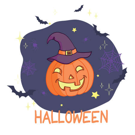 Cartoon halloween pumpkin wearing witch hat isolatedのイラスト素材