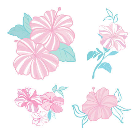 Set of tropical flowers elements. Collection of hibiscus flowers on a white background. Vector illustration bundle.のイラスト素材