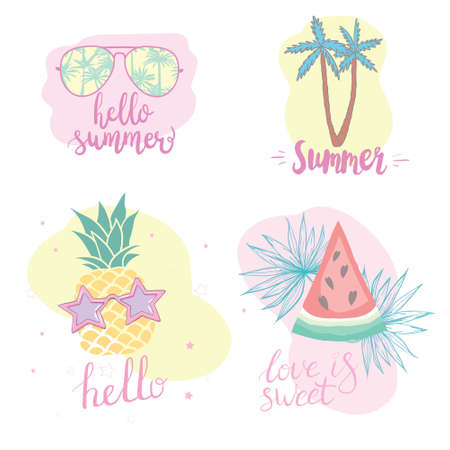 Summer set with hand-drawn tropical elements, inscriptions, watermelon, palm, glasses, pineappleのイラスト素材