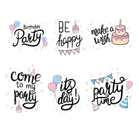 Vector illustration of Happy Birthday. Design element for greeting cards, banner, print. Birthday party lettering set.のイラスト素材