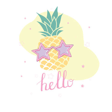 Cute vector background with a pineapple. Hand drawing summer card.のイラスト素材