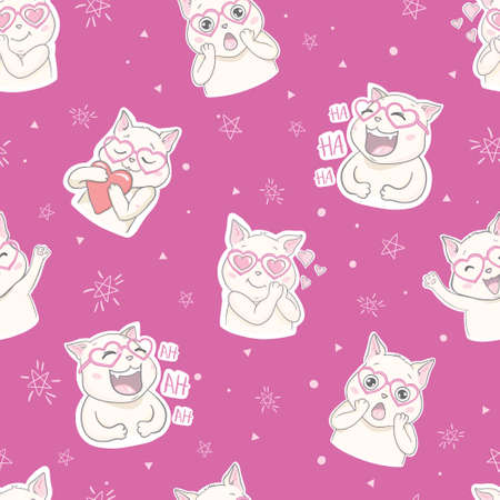 Seamless vector pattern with cats. Smiling cute cats background.のイラスト素材