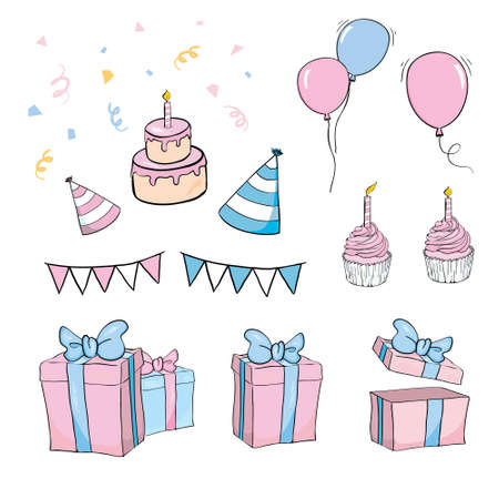 vector illustration of set of birthday object against white backgroundのイラスト素材