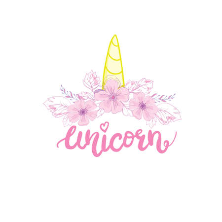 Unicorn logo with horn and flowers. Great for badge, card, greeting, baby birthday party, t-shirt, banner, invitation template. Vector, illustration.のイラスト素材