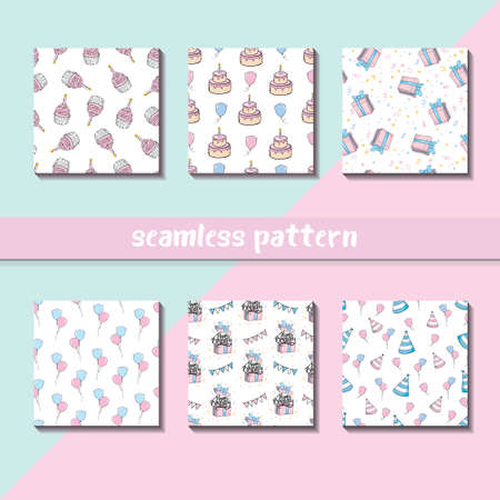 A vector illustration seamless pattern of a colorful cartoon birthday surprise theme.のイラスト素材