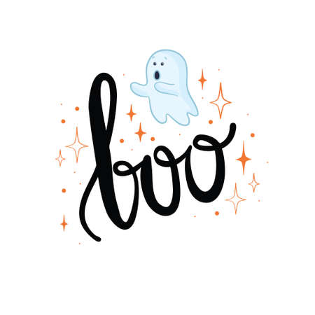 Flying Ghost Ghost the inscription of Boo. Happy Halloween. Scary white ghosts. Cute cartoon creepy character. Smiling face, hands. Vector illustrationのイラスト素材
