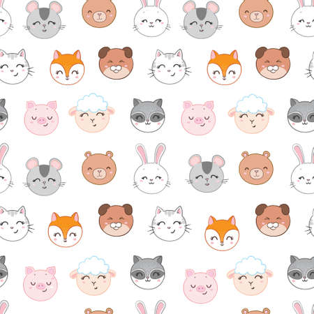 Seamless childish pattern with funny animals faces. Creative scandinavian kids texture for fabric, wrapping, textile, wallpaper, apparel. Vector illustrationのイラスト素材