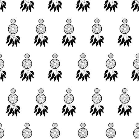 Vecto rseamless background, retro pattern, ethnic doodle collection, tribal design. Hand drawn illustration with indian dreamcatchers and feathers on the white backgroundのイラスト素材