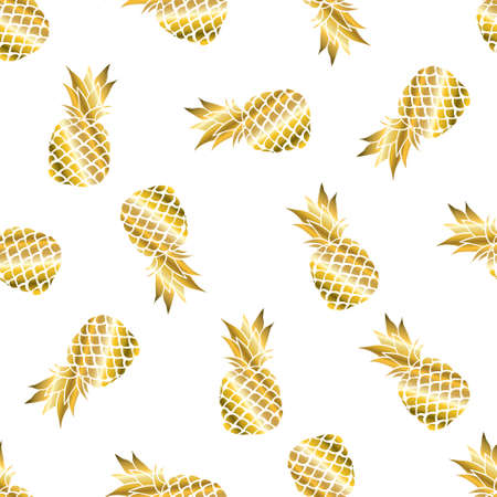 Gold pineapple on colored background. Seamless pattern in vector. Fruit illustrationのイラスト素材
