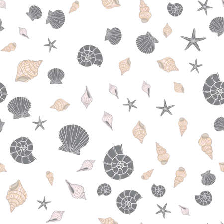 Hand drawn sea illustration. Set of seamless pattern with shells. Vectorのイラスト素材