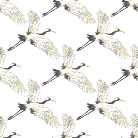 Seamless pattern, background with birds. White Heron, crane. Vector illustration. Isolated on a white background.のイラスト素材