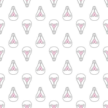 Lamp, light bulb with heart seamless pattern design. Hand drawn doodle light bulb icon. Concept of big idea inspiration, innovation, love. Vector illustration. Idea and love symbol. Sketch.のイラスト素材