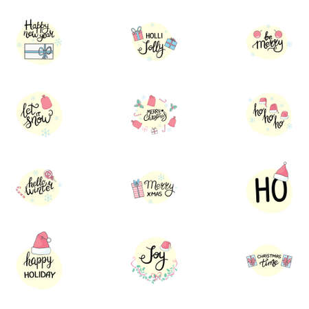Merry Christmas. Happy New Year. Typography set. Vector   emblems, text design. Usable for banners, greeting cards, gifts etc.のイラスト素材