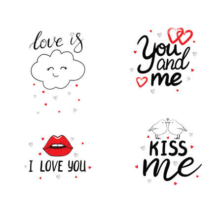 Set of hand drawn vector lettering quotes for Valentine's Day. Happy Valentine's Day. I love you.のイラスト素材