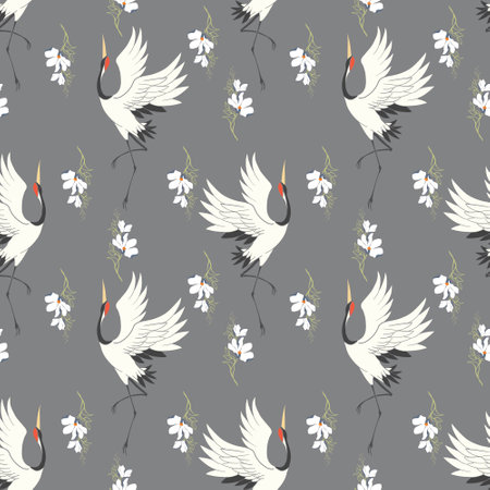 Seamless patterns with Japanese cranes for Your designのイラスト素材