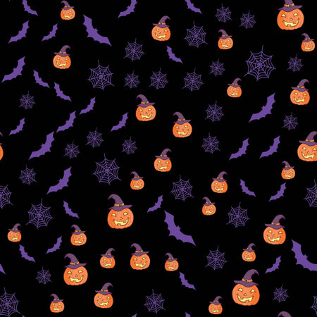Autumn pumpkins pattern. Happy halloween scary pumpkin faces cartoon seamless background, thanksgiving decorative vector patternのイラスト素材
