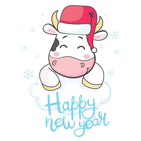 Cute cartoon bull in Santa Claus hat on white backgroundのイラスト素材