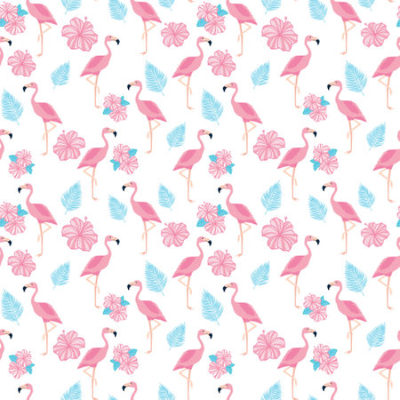 Tropical trendy seamless pattern with pink flamingos and mint green palm leaves. Exotic Hawaii art background. Design for fabric and decor.のイラスト素材