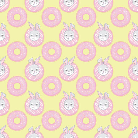 Seamless pattern with cartoon cute rabbit, sweet donut. vector illustration.のイラスト素材