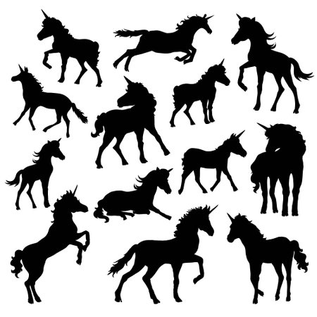 A set of illustrations of silhouettes of unicorns in different poses. Vector images of black horses on a white backgroundのイラスト素材