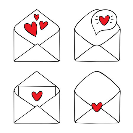 Set of four romantic vector Valentine envelopes isolated on white. Red heartのイラスト素材