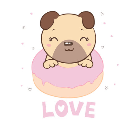 Cute pug with a donut illustration on a white background. Vector, illustration.のイラスト素材