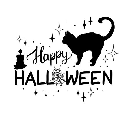 Happy Halloween with black cat silhouette Vector, illustrationのイラスト素材