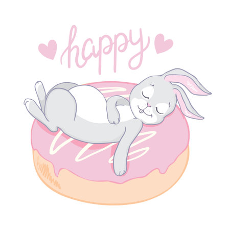 Funny little bunny baby. Donut and rabbit. Flat animal illustration vectorのイラスト素材