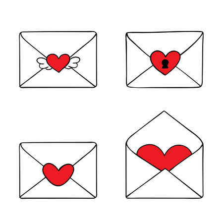 Set of four romantic vector Valentine envelopes isolated on white. Red heartのイラスト素材