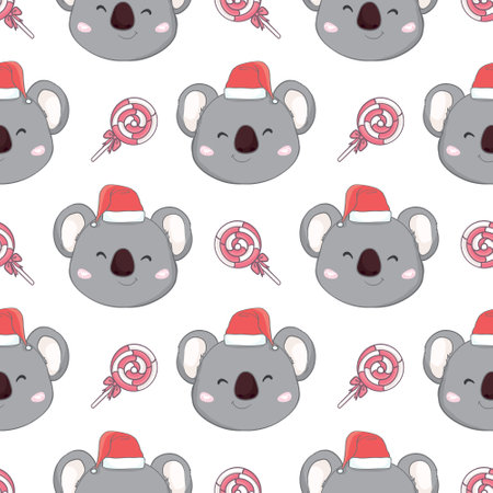 Koala with Santa hat pattern New Year seamless pattern. For scrapbooking paper, gift wrapping, wallpaper. Children's holiday, vector, illustration.のイラスト素材
