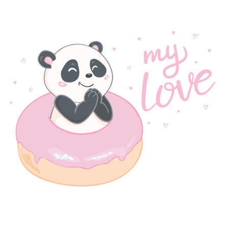 Panda on donuts on white background. Vector illustration.のイラスト素材
