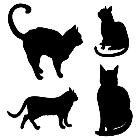 Vector illustrations of black silhouettes sitting cats set isolated on white backgroundのイラスト素材