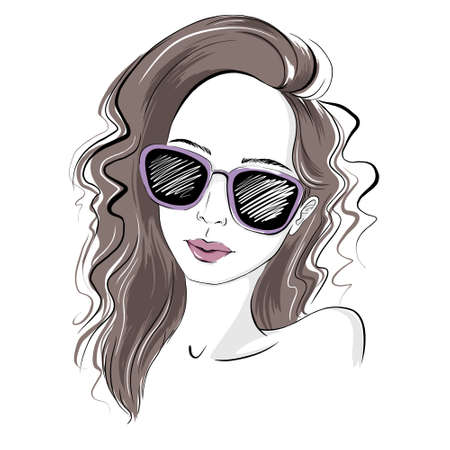 A fashionable girl with glasses. Vector of modern and creative style. The site's avatar symbols. The women's collection of the web media elements. fashion style girl with glassesのイラスト素材
