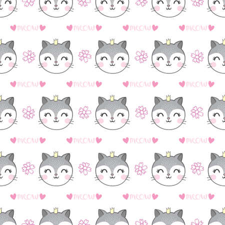 Seamless pattern cat, hand drawn kitten. Vector illustration.のイラスト素材