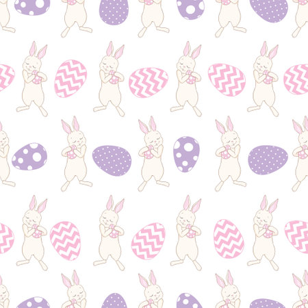 Seamless pattern with daisy garden and rabbits on pink background vector illustration. Cute cartoon character.のイラスト素材