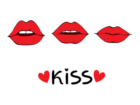 Lips kiss. Vector patch, sticker isolated on white. Cool sexy red kissed.のイラスト素材